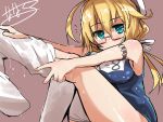  blonde_hair glasses hat i-8_(kantai_collection) kantai_collection removing_sock school_swimsuit swimsuit tenjou_nanaki thigh-highs 