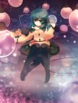  1girl black_legwear bow bubble butterfly cable gengetsu_chihiro green_eyes green_hair hat hat_bow hat_removed headwear_removed highres komeiji_koishi lamp long_sleeves mouth_hold pantyhose ribbon_in_mouth shirt sitting skirt solo touhou wide_sleeves 
