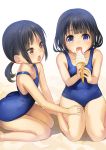  2girls absurdres black_hair blue_eyes blush brown_eyes brown_hair food hand_on_another&#039;s_thigh highres ice_cream km_(nijie104352) multiple_girls one-piece_swimsuit original ponytail seiza short_hair sitting swimsuit 