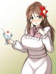  1girl amagi_(kantai_collection) banitei blush breasts brown_eyes brown_hair colored_eyelashes flower flower_on_head hair_ornament hairclip kantai_collection kappougi large_breasts long_hair looking_at_viewer mamiya_(kantai_collection) mamiya_(kantai_collection)_(cosplay) open_mouth seiyuu_connection worried 