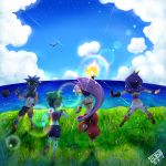  1boy 3girls ball_and_chain blonde_hair blue_hair blue_skin bolo_(shantae) cliff dark_skin flail from_behind green_hair harem_pants highres horizon jumping lens_flare long_hair making_of multiple_girls ocean pants purple_hair rottytops running shantae shantae_(character) sky_(shantae) spike_ball very_long_hair wakashi_(m17) weapon wrench_(shantae) zombie 