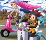  blue_eyes blue_hair green_eyes lovrina_(pokemon) lowres lugia mana_(pokemon) moped motor_vehicle pink_hair pokemon pokemon_(game) pokemon_xd redhead ryuuto_(pokemon) scooter vehicle 