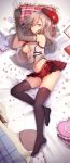  alisa_ilinichina_amiella beret blue_eyes breasts brown_hair elbow_gloves gloves god_eater hat khanshin long_hair lying navel on_side open_clothes open_shirt panties petals pillow single_glove skirt thigh-highs underwear 