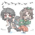  2girls ahoge animal_ears black_hair black_legwear brown_eyes brown_hair dancing dress facial_hair fake_mustache futatsuiwa_mamizou glasses houjuu_nue japanese_clothes kureha_mitsushige leaf leaf_on_head multiple_girls mustache pointy_ears raccoon_ears raccoon_tail red_eyes tail thigh-highs touhou 