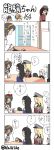  4koma bismarck_(kantai_collection) blush choukai_(kantai_collection) comic food hai_to_hickory hairband haruna_(kantai_collection) hat headgear highres i-class_destroyer kantai_collection kikuzuki_(kantai_collection) kotatsu parody prinz_eugen_(kantai_collection) ryuujou_(kantai_collection) shinkaisei-kan simple_background style_parody table television twitter_username ueda_masashi_(style) visor_cap 