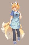  1girl :o alternate_costume animal_ears apron blonde_hair blush cat_print contemporary fox_ears fox_tail multiple_tails no_hat pants shoes short_hair short_sleeves sneakers sweat t-shirt tail tamahana touhou yakumo_ran yellow_eyes 