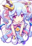  1girl :3 :d animal_ears bell blue_hair bow cat_ears cat_tail crown cynfi_porat dripping elephant flower flower_on_head hair_bow hair_ornament leaning_forward mittens open_mouth ponta_(trouble_witches) red_eyes ribbon simk sitting smile tail tail_bell trouble_witches wariza 