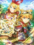  1boy 1girl blonde_hair blue_eyes bow brother_and_sister goggles goggles_on_head hair_bow hair_ornament hairclip ichinose777 japanese_clothes kagamine_len kagamine_rin looking_at_viewer ponytail short_hair short_ponytail siblings smile sword twins vocaloid weapon 