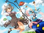  2girls animal_ears blue_eyes blue_hair capelet clouds cloudy_sky dowsing_rod dress dutch_angle flying_saucer grey_hair heterochromia jewelry juliet_sleeves karakasa_obake long_sleeves meago midair mouse mouse_ears mouse_tail multiple_girls nazrin open_mouth outdoors pendant puffy_sleeves red_eyes short_hair skirt skirt_set sky smile space_craft tail tatara_kogasa tongue touhou ufo umbrella undefined_fantastic_object upside-down 