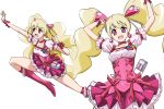  1girl :d aegis_(nerocc) blonde_hair choker cure_peach fresh_precure! hair_ornament heart_hair_ornament long_hair looking_at_viewer magical_girl momozono_love open_mouth pink_eyes pink_skirt precure simple_background skirt smile solo twintails white_background 