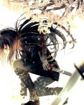  1boy blood blurry depth_of_field highres injury kotobuki_xxx long_hair male_focus namazuo_toushirou ponytail profile purple_hair sheath solo sword torn_clothes touken_ranbu tree violet_eyes weapon white_background 