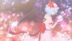  1girl bat_wings blue_hair bow expressionless hat hat_bow light_particles mob_cap nin_(female) pink_shirt pink_skirt profile puffy_short_sleeves puffy_sleeves red_eyes remilia_scarlet ribbon-trimmed_skirt short_hair short_sleeves skirt solo touhou wings wrist_cuffs 