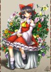  1girl ascot bare_shoulders black_hair bow detached_sleeves dress flower hair_bow hair_tubes hakurei_reimu long_sleeves looking_at_viewer red_dress ribbon-trimmed_sleeves ribbon_trim signature sitting smile solo touhou umigarasu_(kitsune1963) v_arms wide_sleeves yellow_eyes 