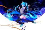  1girl absurdly_long_hair blue_eyes blue_hair boots detached_sleeves hatsune_miku high_heels kneeling long_hair looking_back microphone microphone_stand necktie skirt solo thigh-highs thigh_boots twintails very_long_hair vocaloid 