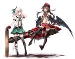  2girls alisa_ilinichina_amiella arm_cannon bird_wings black_bra black_gloves black_hair black_legwear black_wings blonde_hair blue_eyes bow bra cosplay costume_switch elbow_gloves fingerless_gloves flying gatling_gun gloves god_eater gun hair_bow hat huge_weapon leg_ribbon long_hair midriff multiple_girls navel open_clothes open_mouth open_shirt puffy_short_sleeves puffy_sleeves red_eyes reiuji_utsuho shirt short_sleeves skirt sleeveless sleeveless_shirt smile thigh-highs third_eye touhou toutenkou underwear very_long_hair weapon wings zettai_ryouiki 