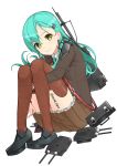  1girl absurdres aqua_hair green_eyes hair_ornament hairclip highres kantai_collection long_hair machinery max_melon_teitoku smile suzuya_(kantai_collection) turret twitter_username uniform 