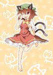  animal_ears barefoot brown_hair cat_ears cat_tail chen fuyutarou hat multiple_tails paw_pose red_eyes short_hair tail touhou wink 