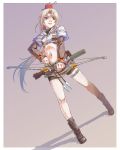  arrow bow_(weapon) food food_as_clothes fruit hunter hunter_(ragnarok_online) long_hair midriff navel nyaou ponytail ragnarok_online red_eyes thigh_strap weapon white_hair 