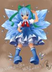  bloomers blue_eyes blue_hair boots bow cirno dress highres majicjiang open_mouth touhou wings 