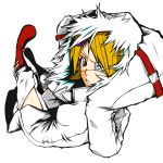  boots coat eyepatch kagamine_rin looking_back red_eyes short_hair simple_background solo vocaloid 