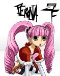  bow breasts confused drill_hair female lolita_fashion one_piece open_mouth perona photoshop pink_hair sitting solo stiky_finkaz stripes twintails vector_trace 