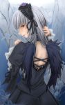  back chakabo doll_joints dress hairband highres long_hair looking_back rozen_maiden silver_hair slit_pupils suigintou wings 
