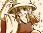  grin hat kadotarou leaf maple_leaf monochrome moriya_suwako sepia smile spot_color touhou 