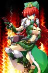  blue_eyes braid breasts china_dress chinadress chinese_clothes cleavage fighting_stance hat highres hong_meiling long_hair power_armor red_hair redhead touhou twin_braids wazuka_(pixiv) wazuka_na_shiawase 