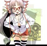  bespectacled bow cigarette contemporary fujiwara_no_mokou glasses hair_bow highres long_hair panties red_eyes shorts silver_hair smoking striped striped_legwear striped_thighhighs suspenders thigh-highs thighhighs touhou underwear yae_(artist) 