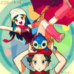  1boy 1girl beret black_hair blue_eyes blue_hair boots brown_eyes hat highres hikari_(pokemon) kouki_(pokemon) open_mouth piplup pokemon pokemon_(creature) pokemon_(game) pokemon_dppt purple_eyes scarf ucchii umbrella 