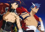  bandage bandages blue_hair cape corset girdle highres kamina kamina_shades male manly official_art sarashi scan scar shirtless simon tengen_toppa_gurren_lagann time_paradox 