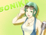  earrings engloid glasses green_eyes green_hair jewelry katsukumi microphone microphone_stand nail_polish necklace short_hair smile solo sonika vocaloid 