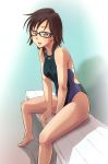  bench brown_eyes brown_hair competition_swimsuit e20 glasses houzumi_satsuki one-piece_swimsuit original short_hair sitting swimsuit 