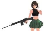  1girl artist_request battle_rifle blue_eyes brown_hair character_request fn_fal freckles glasses gun l1a1 midriff pleated_skirt rifle short_hair simple_background skirt solo source_request weapon white_background 