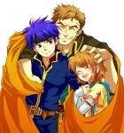  2boys blue_eyes blue_hair brown_hair cape family fire_emblem fire_emblem:_souen_no_kiseki fire_emblem_path_of_radiance gloves greil grin guttary hair_tubes happy headband hug ike mist mist_(fire_emblem) multiple_boys nintendo petting short_hair smile 