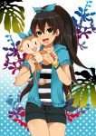 1girl bow earrings ganaha_hibiki idolmaster jewelry long_hair masaki_(celesta) monkey ponytail shirt shorts solo striped striped_shirt 