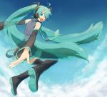  blue_eyes detached_sleeves green_hair hatsune_miku headphones jumping long_hair looking_back mitosa nail_polish skirt smile solo thigh-highs thighhighs twintails vocaloid 