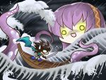  black_hair boat chibi crossover hairband katana kisuke megurine_luka o_o oboro_muramasa oboro_muramasa_youtouden ocean pink_hair rain scarf storm sweatdrop sword takoluka tendoast vocaloid waves weapon 