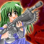  chainsaw crimson_omen crossover detached_sleeves frog gears gears_of_war glowing glowing_eyes green_hair gun hair_ornament kochiya_sanae lancer_(weapon) lancer_assault_rifle long_hair parody rennge_sou touhou weapon yellow_eyes 