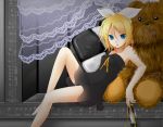  barefoot blonde_hair blue_eyes hair_ornament hair_ribbon hairclip holding holding_shoes im itsuku_(i-pic) kagamine_rin navel nightgown reclining ribbon see-through shoe_dangle shoes short_dress sitting solo stuffed_animal stuffed_toy vocaloid 