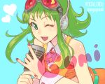  cuffs goggles goggles_on_head green_eyes green_hair gumi headphones microphone open_mouth short_hair simple_background solo vintage_microphone vocaloid wink wrist_cuffs 