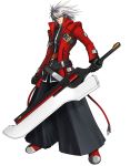  belt blazblue boots cable frown gloves green_eyes hakama heterochromia highres huge_weapon jacket japanese_clothes male mori_toshimichi official_art open_clothes open_jacket ragna_the_bloodedge red_eyes short_hair simple_background solo spiked_hair standing strap sword weapon white_hair 