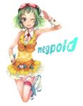  ame_shoku belt blue_eyes boots face goggles goggles_on_head green_hair gumi headphones headset jumping midriff short_hair simple_background skirt smile solo vocaloid wink wrist_cuffs 