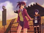  black_legwear blue_eyes brown_eyes brown_hair bus_stop coat eyepatch koikeya multiple_girls original purple_eyes school_uniform serafuku side_ponytail skirt smile sunset sweater_vest thigh-highs thighhighs toggles violet_eyes zettai_ryouiki 