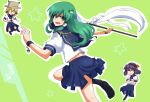  green_hair hair_ornament hat kochiya_sanae long_hair moriya_suwako purple_hair school_uniform serafuku short_hair toro_(nightlord) toro_(pixiv) touhou wristband yasaka_kanako yellow_eyes 