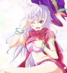  bracelet fantasy_earth_zero feathers hat highres jewelry long_hair mana_(blade_of_mana) midriff navel open_mouth purple_hair red_eyes shirt_lift sitting star tattoo wink 