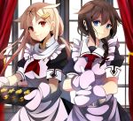  2girls apron blonde_hair blue_eyes brown_hair cookie food hair_flaps hair_ornament hair_ribbon hairclip highres kantai_collection looking_at_viewer multiple_girls oven_mitts red_eyes ribbon shigure_(kantai_collection) smile tray window yuudachi_(kantai_collection) 