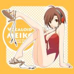  breasts brown_eyes brown_hair cleavage cross-laced_footwear headphones headset lace-up_heels legs legs_up meiko nail_polish one-piece_swimsuit project_diva shoe_dangle shoes short_hair smile solo swimsuit tomo-graphy vocaloid 