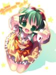  \m/ cuffs frills from_above goggles goggles_on_head green_eyes green_hair gumi open_mouth short_hair sitting skirt smile solo star vocaloid wrist_cuffs 