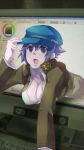  blue_eyes blue_hair breasts cabbie_hat cleavage hanging_breasts hat large_breasts open_shirt persona persona_4 ryou_(shouyu) shirogane_naoto short_hair through_screen 